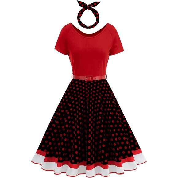 Vintage 1950s Dress Retro Polka Dot Cocktail Swing Dress with Headband - Picture 1 of 7